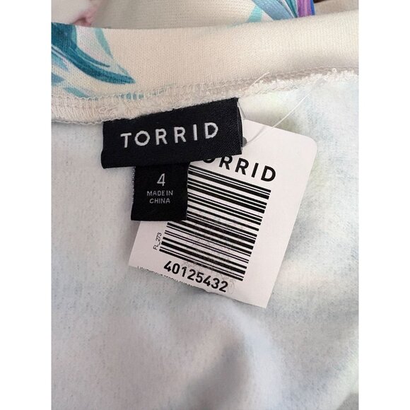 Torrid XL-1 Cream-Teal-Pink Leaf Print Crew Neck Raglan Long Sleeve Sweatshirt - Picture 6 of 7